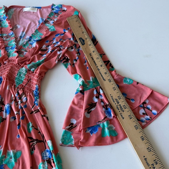 Y2K Babydoll V Neck Pink and Floral Tunic Top Smocked Waist with Bell Sleeves - Picture 4 of 7